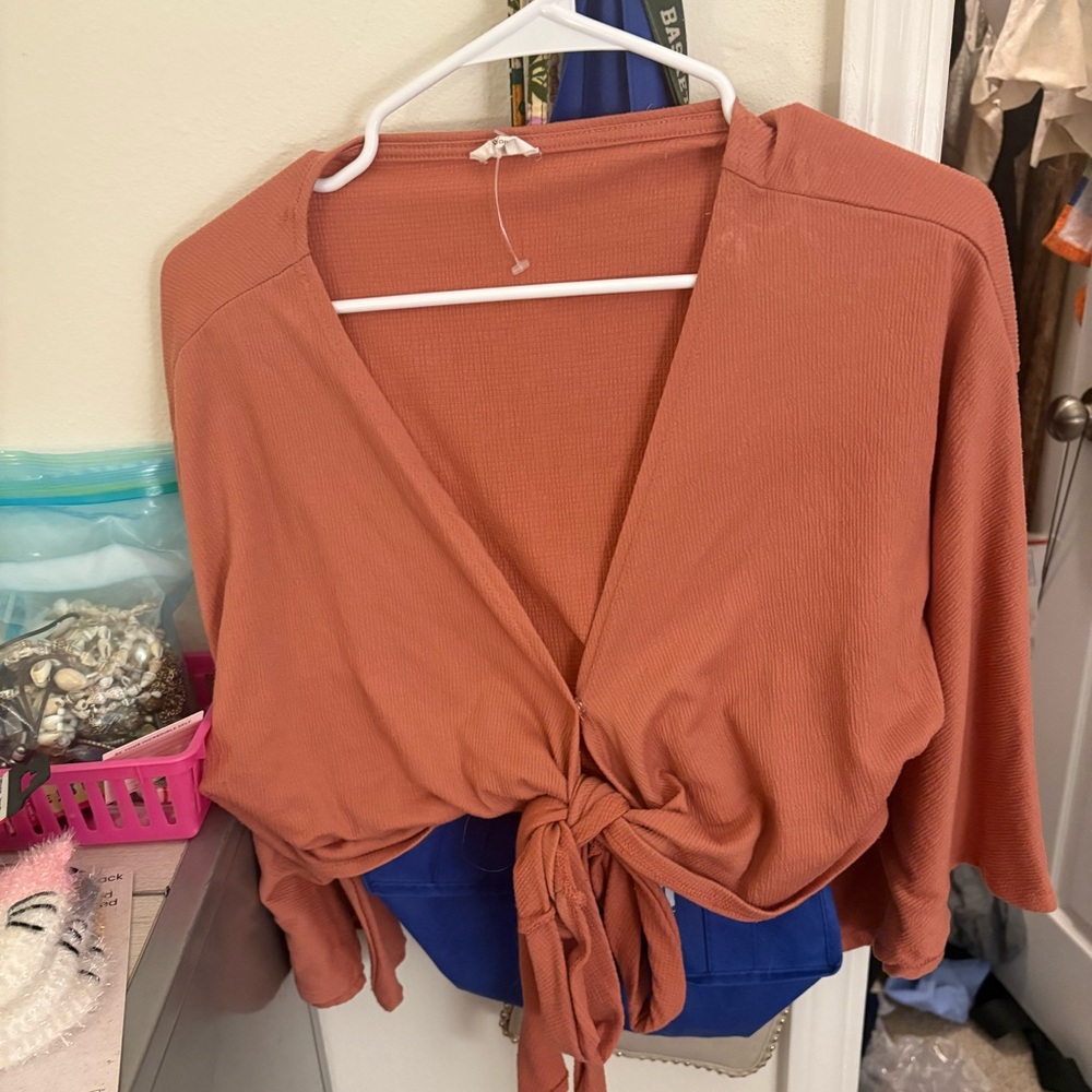 Cotton On Burnt Orange Tie-Front Ribbed Crop Top